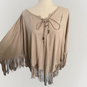Fringe Faux Suede Poncho XL Tan Camel Western Boho Shawl Festival Coachella